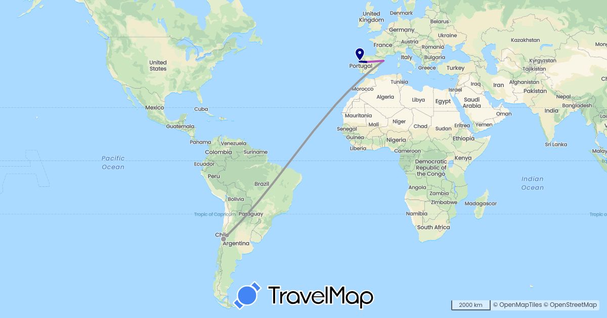 TravelMap itinerary: driving, plane, train in Chile, Spain, Portugal (Europe, South America)